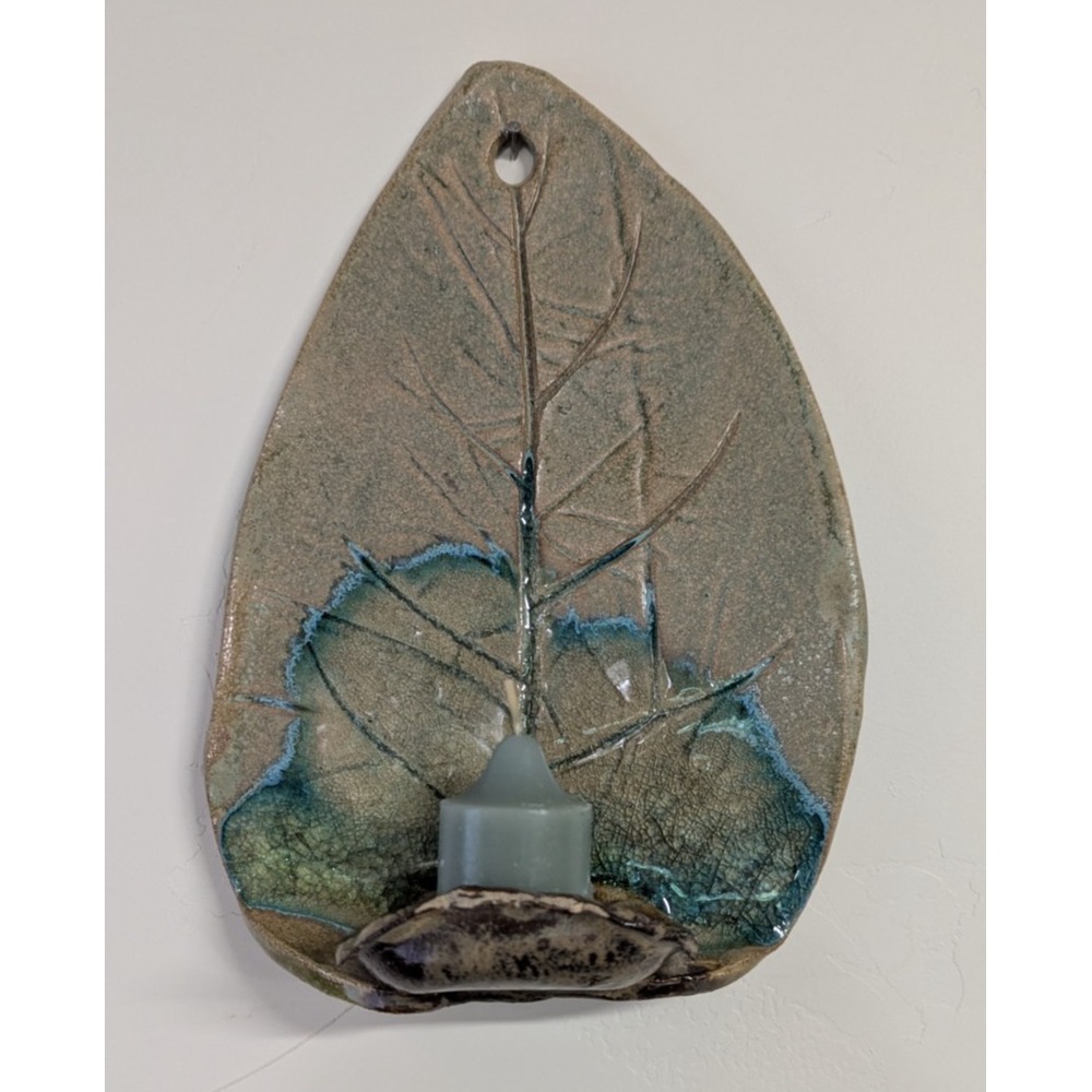 Studio Pottery Leaf Small Candle/Tea Light Wall Hanging Crackled Resin Detail